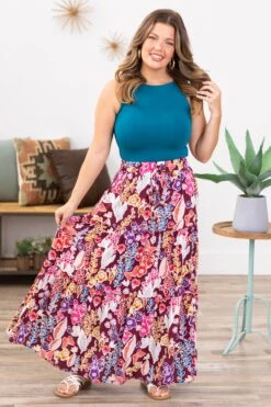 Pink Multicolor Floral Tiered Maxi Skirt