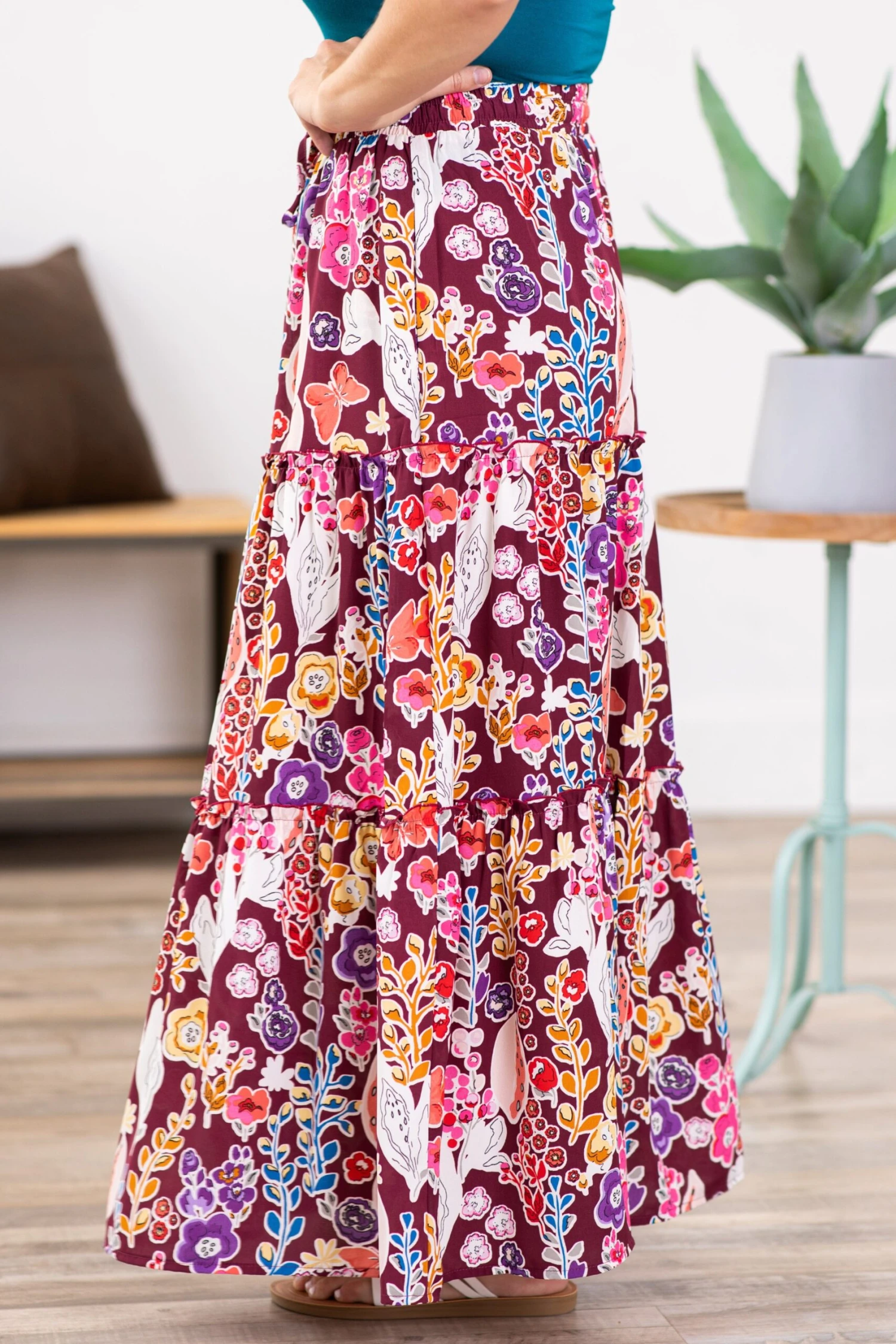 Pink Multicolor Floral Tiered Maxi Skirt 6 Pink Multicolor Floral Tiered Maxi Skirt - Image 4