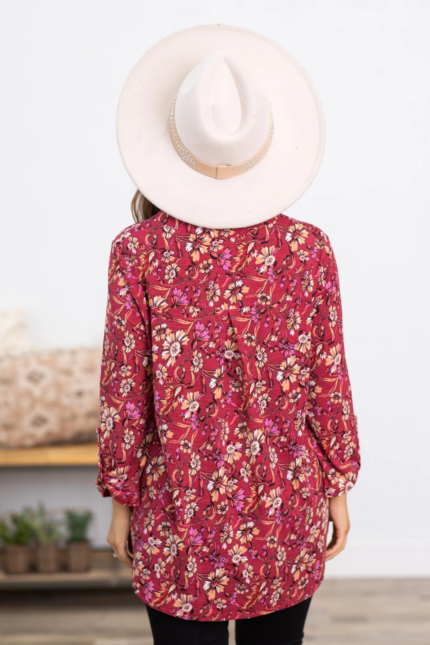 Burgundy And Tan Floral Print Top 6 Burgundy And Tan Floral Print Top - Image 4