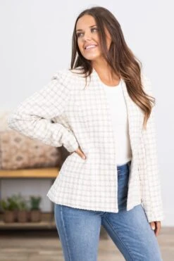 White And Tan Plaid Tweed Jacket