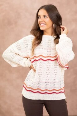 STACCATO Cream Pointelle Stripe Sweater