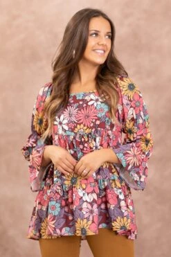 Wine And Blush Floral Baby Doll Top