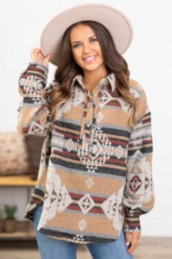 Tan And Rust Aztec 1/4 Button Pullover -Staccato Shop 3D4A5145 3a3ae55f 750e 40e9 8eaa f14e503a59a7