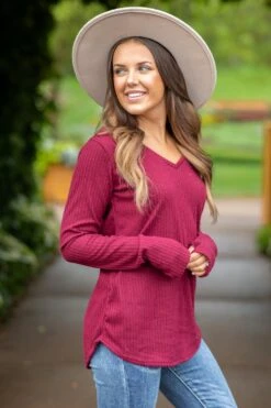 Burgundy V-Neck Ribbed Top With Thumbholes -Staccato Shop 3D4A5256 4297fcb0 06a4 4616 b082 84cd64039cb2