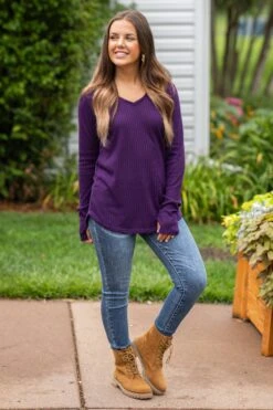 Eggplant V-Neck Ribbed Top With Thumbholes -Staccato Shop 3D4A5363 b1cad8f4 49be 4fa0 a491 8bb031cf30fb