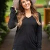 Black V-Neck Ribbed Top With Thumbholes