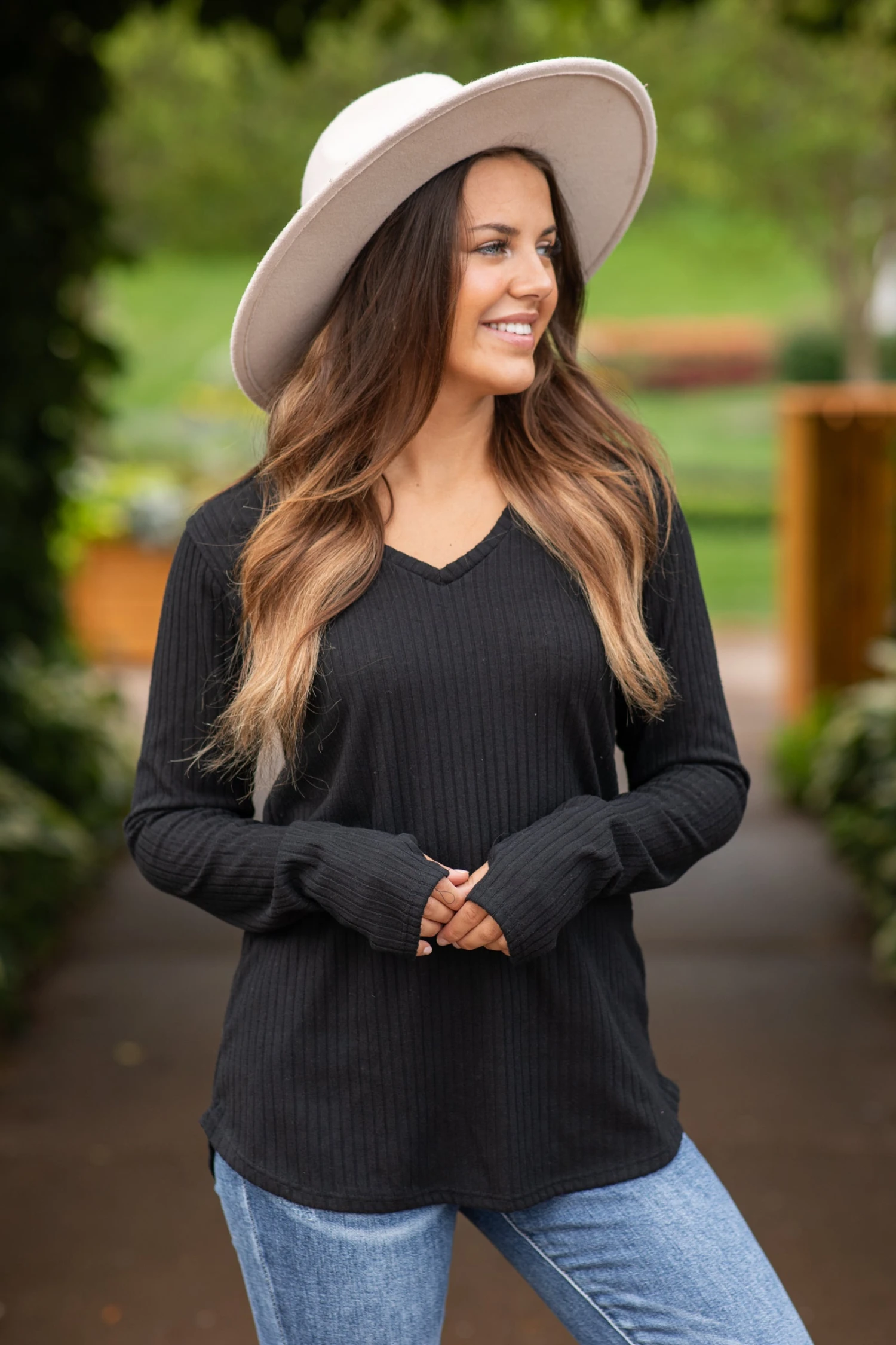 Black V-Neck Ribbed Top With Thumbholes 4 Black V-Neck Ribbed Top With Thumbholes - Image 2