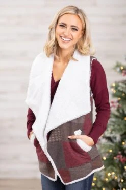 Burgundy And Brown Plaid Sherpa Vest