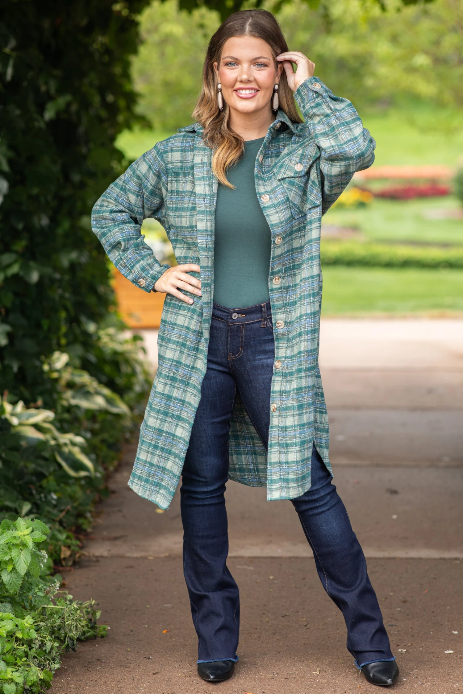 Sage And Dusty Blue Long Plaid Shacket 5 Sage And Dusty Blue Long Plaid Shacket - Image 3