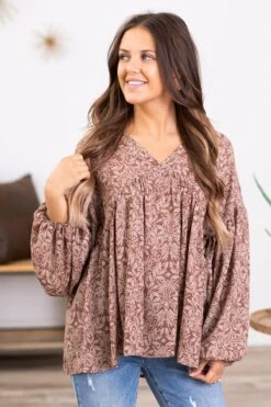 Brown And Mocha Leaf Print Babydoll Top