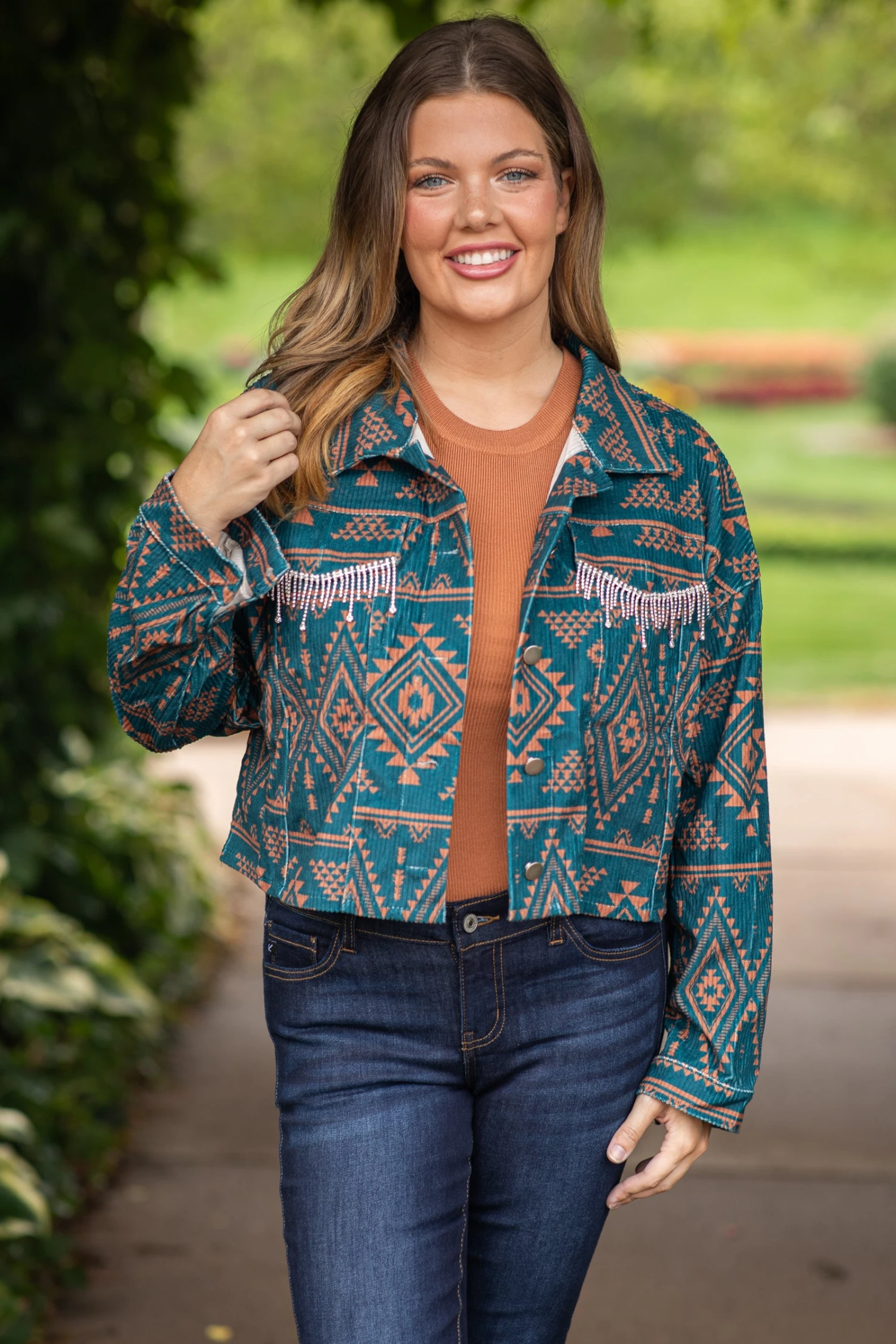 Teal And Cognac Aztec Print Jacket With Fringe 3 Teal And Cognac Aztec Print Jacket With Fringe