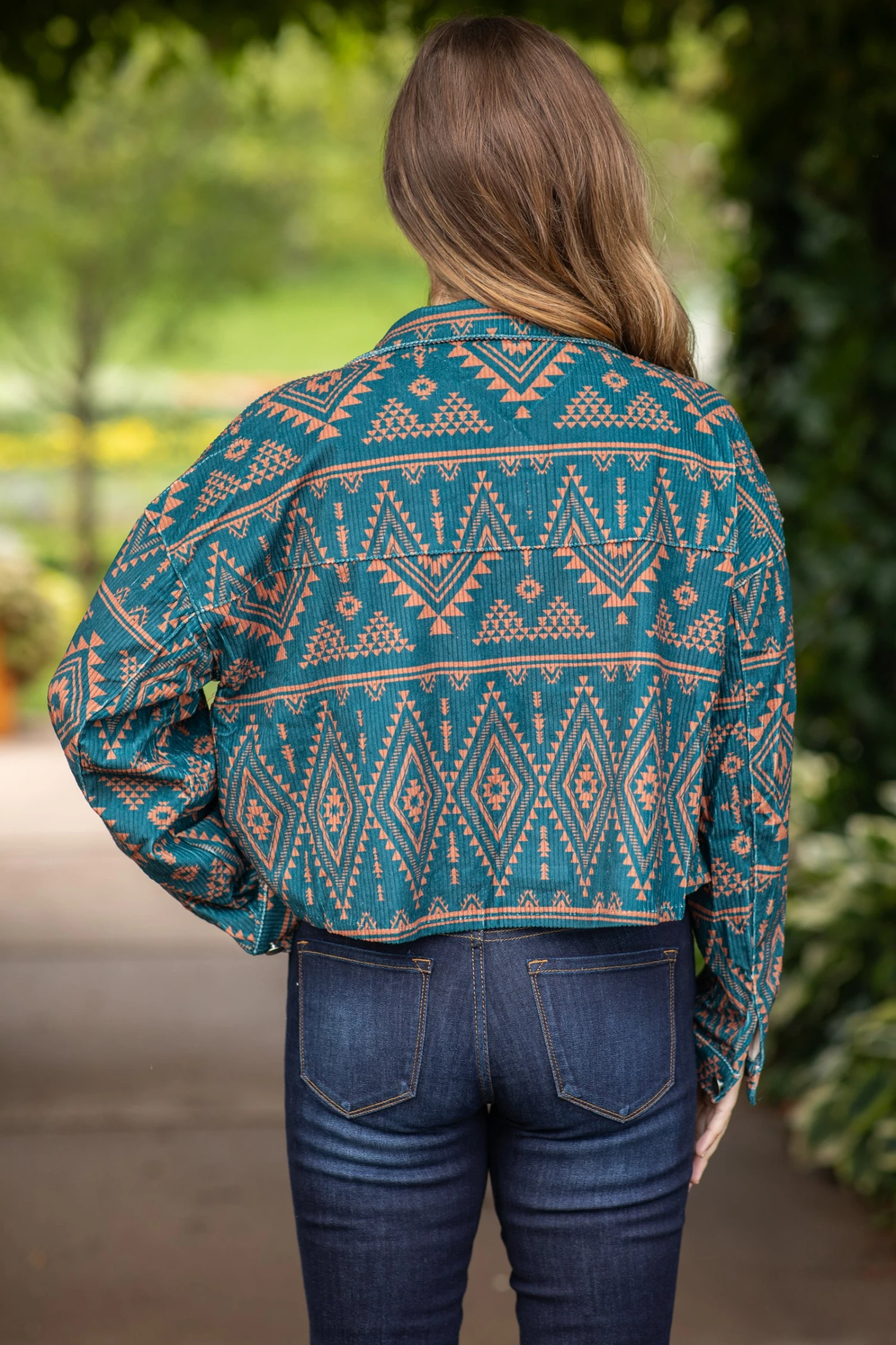Teal And Cognac Aztec Print Jacket With Fringe 6 Teal And Cognac Aztec Print Jacket With Fringe - Image 4