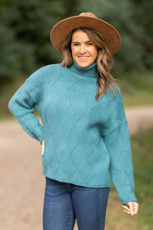 Teal Diamond Texture Turtleneck Sweater 2 Teal Diamond Texture Turtleneck Sweater -Staccato Shop 3D4A5917 2