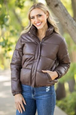 Brown Faux Leather Puffer Jacket