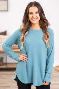 Dusty Teal Baby Waffle Knit Top With Side Slit -Staccato Shop 3D4A7634 be949c9e a4a6 4f90 aa99 5977b1032311