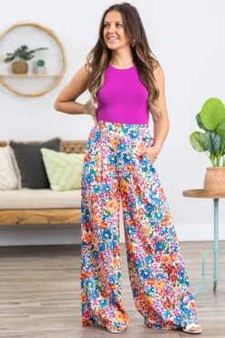Pink Multicolor Floral Wide Leg Pants
