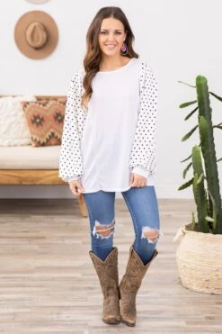 Off White Waffle Knit Top With Polka Dot Arms -Staccato Shop 3D4A7930 34089bde c3a2 47d5 84d9 0f42c1248b41