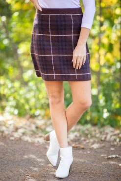 Brown And Navy Plaid Knit Skirt