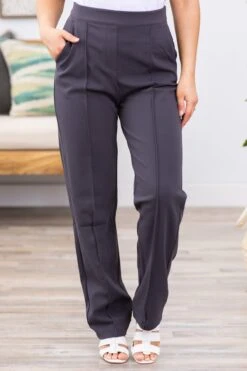 Grey Pull On Stretch Dress Pants With Seam