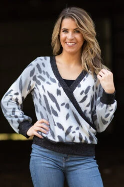 Grey Abstract Animal Print Surplice Front Top