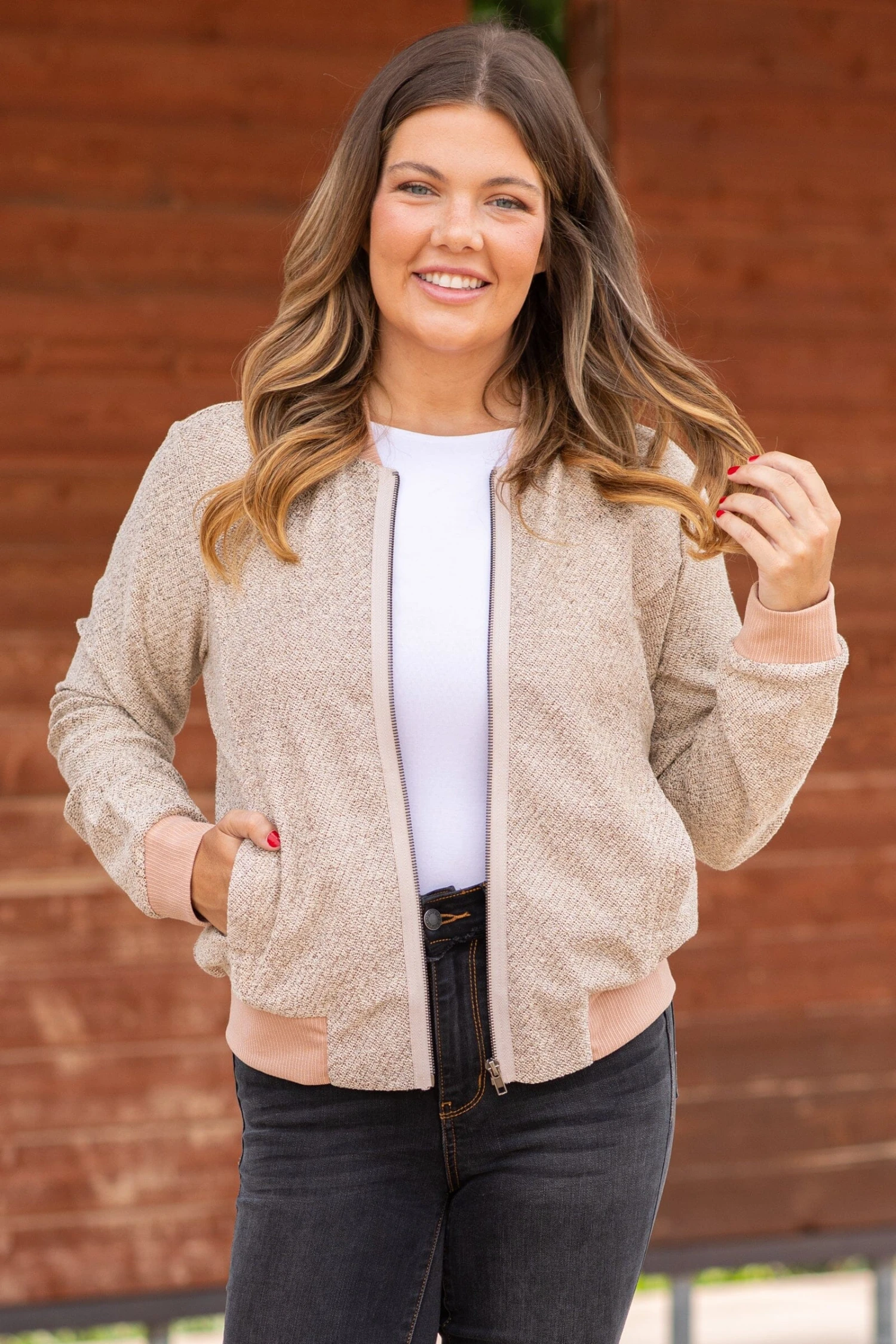 Beige Rib Knit Trim Bomber Jacket 4 Beige Rib Knit Trim Bomber Jacket - Image 2