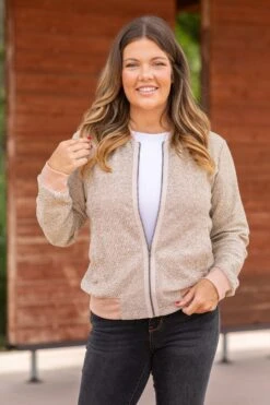 Beige Rib Knit Trim Bomber Jacket