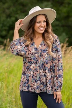 Chestnut And Navy Floral Print Long Sleeve Top