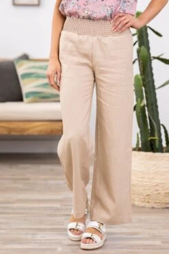 Tan Smocked Waist Wide Leg Pants