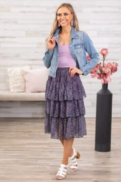 Purple And Blue Floral Tiered Midi Skirt