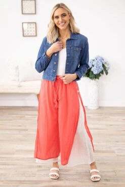 Coral And White Pull On Pants