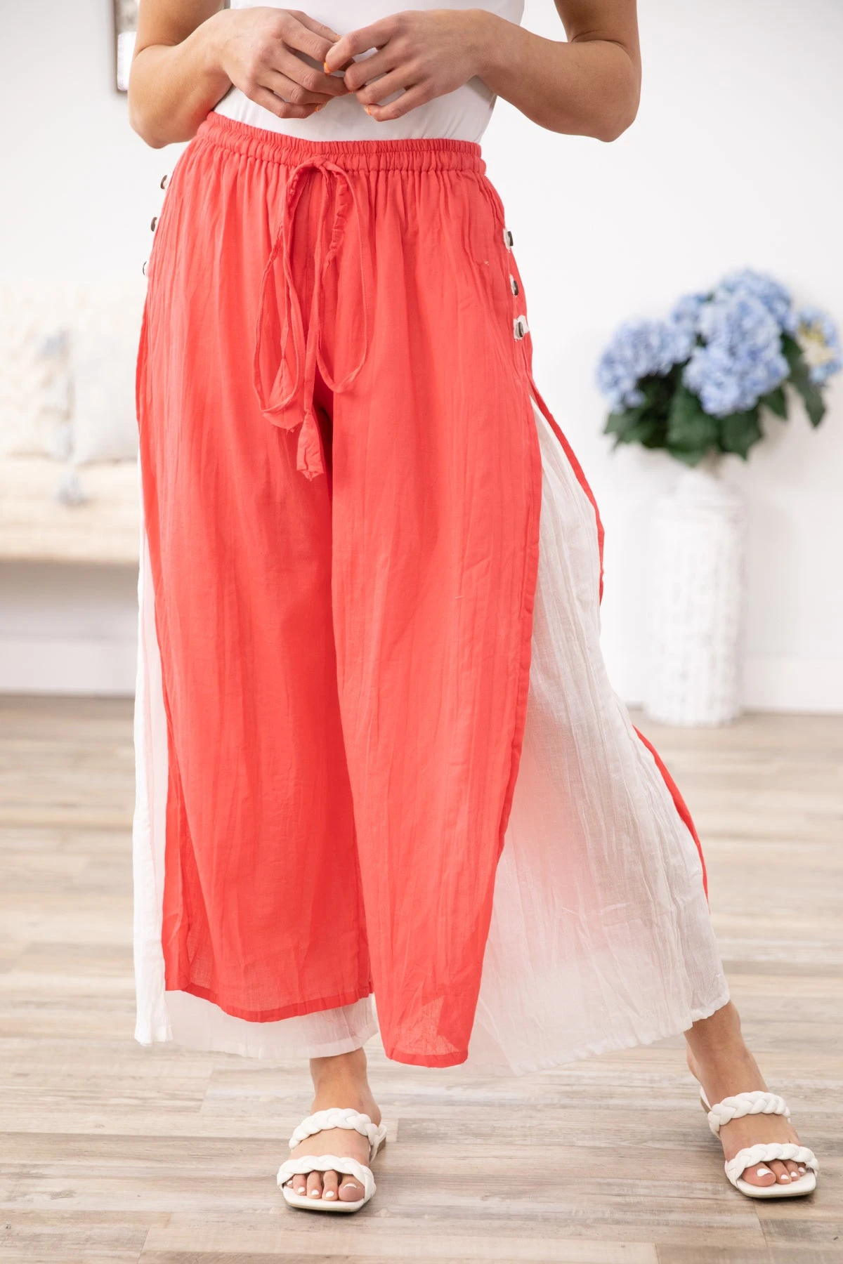 Coral And White Pull On Pants 5 Coral And White Pull On Pants - Image 3