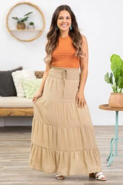 Tan Smocked Waist Tiered Maxi Skirt