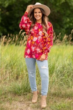 STACCATO Burgundy And Orange Floral Smocked Cuff Top 8 STACCATO Burgundy And Orange Floral Smocked Cuff Top -Staccato Shop 3D4A8834 6e8135f3 b224 45fe a10f be01f7a6d054