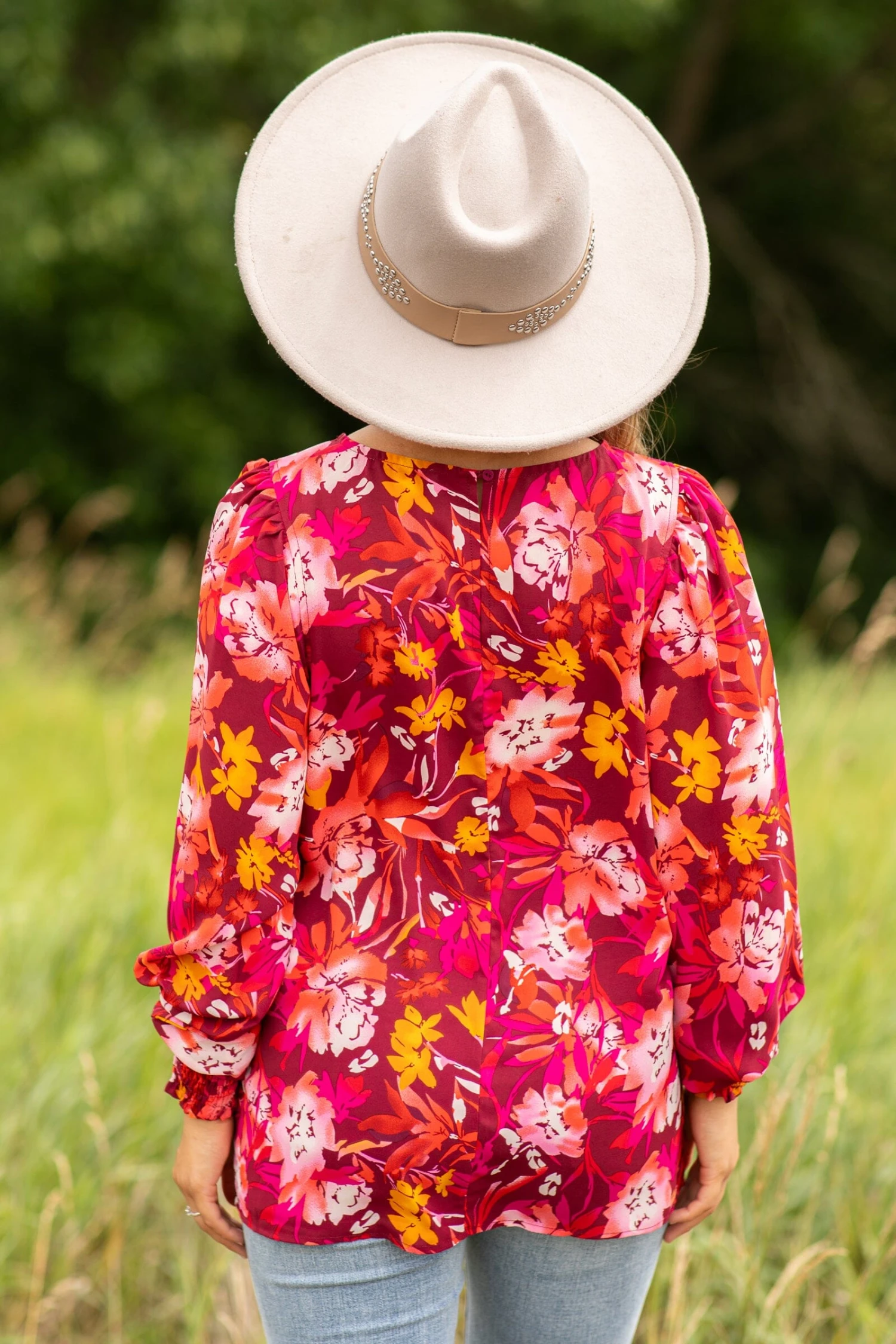 STACCATO Burgundy And Orange Floral Smocked Cuff Top 6 STACCATO Burgundy And Orange Floral Smocked Cuff Top - Image 4