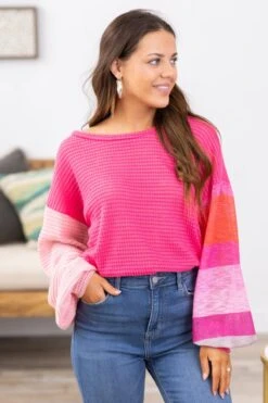 Hot Pink Waffle Knit Top With Stripe Sleeve