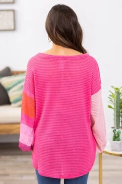Hot Pink Waffle Knit Top With Stripe Sleeve -Staccato Shop 3D4A8919 896a89b0 c11d 4cae 976b dd8fc49bb33b