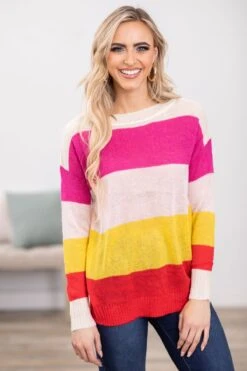 Hot Pink And Yellow Colorblock Sweater