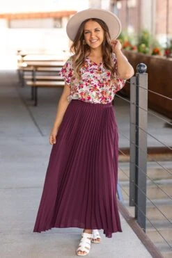 Dark Mauve Crystal Pleat Midi Skirt