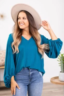 Teal V-Neck Balloon Sleeve Top