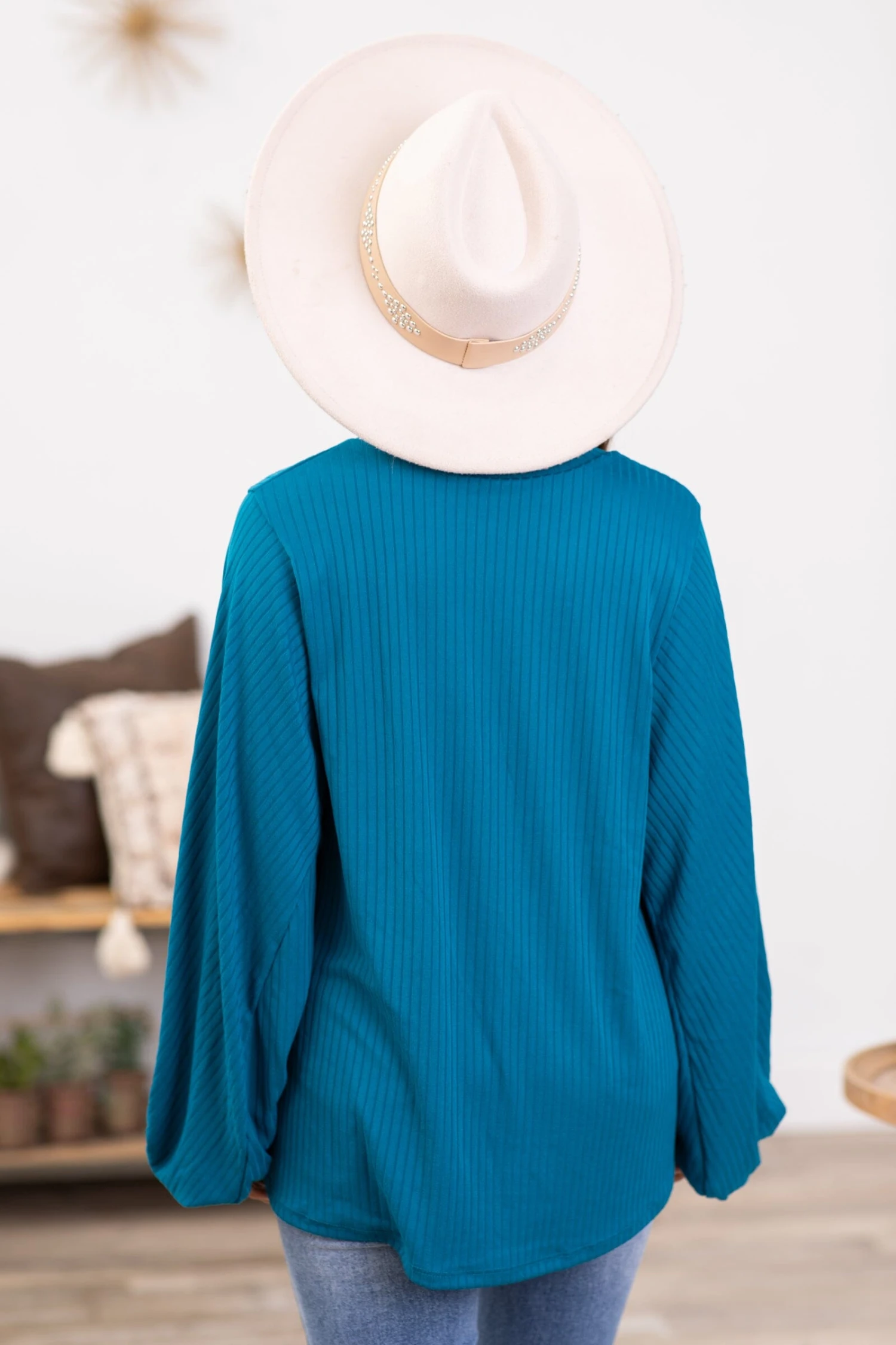 Teal V-Neck Balloon Sleeve Top 6 Teal V-Neck Balloon Sleeve Top - Image 4