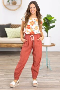 Rust Drawstring Waist Jogger Pants