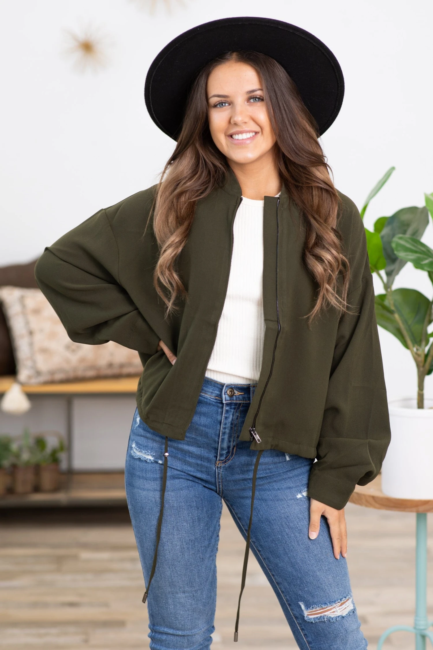 Army Green Adjustable Drawstring Waist Jacket 3 Army Green Adjustable Drawstring Waist Jacket
