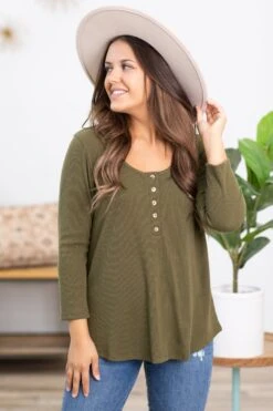 Olive 3/4 Sleeve Henley Top