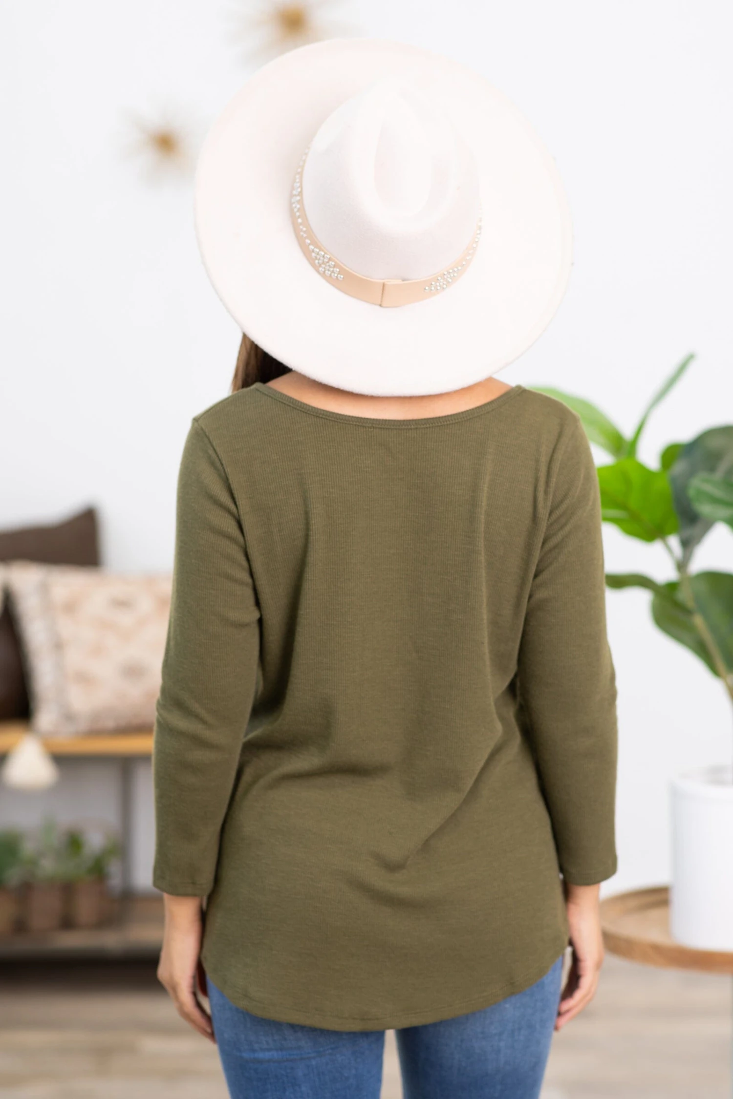Olive 3/4 Sleeve Henley Top 6 Olive 3/4 Sleeve Henley Top - Image 4