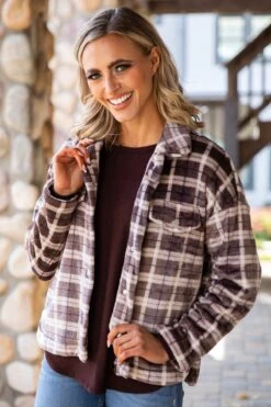 Brown Plaid Fuzzy Plaid Jacket