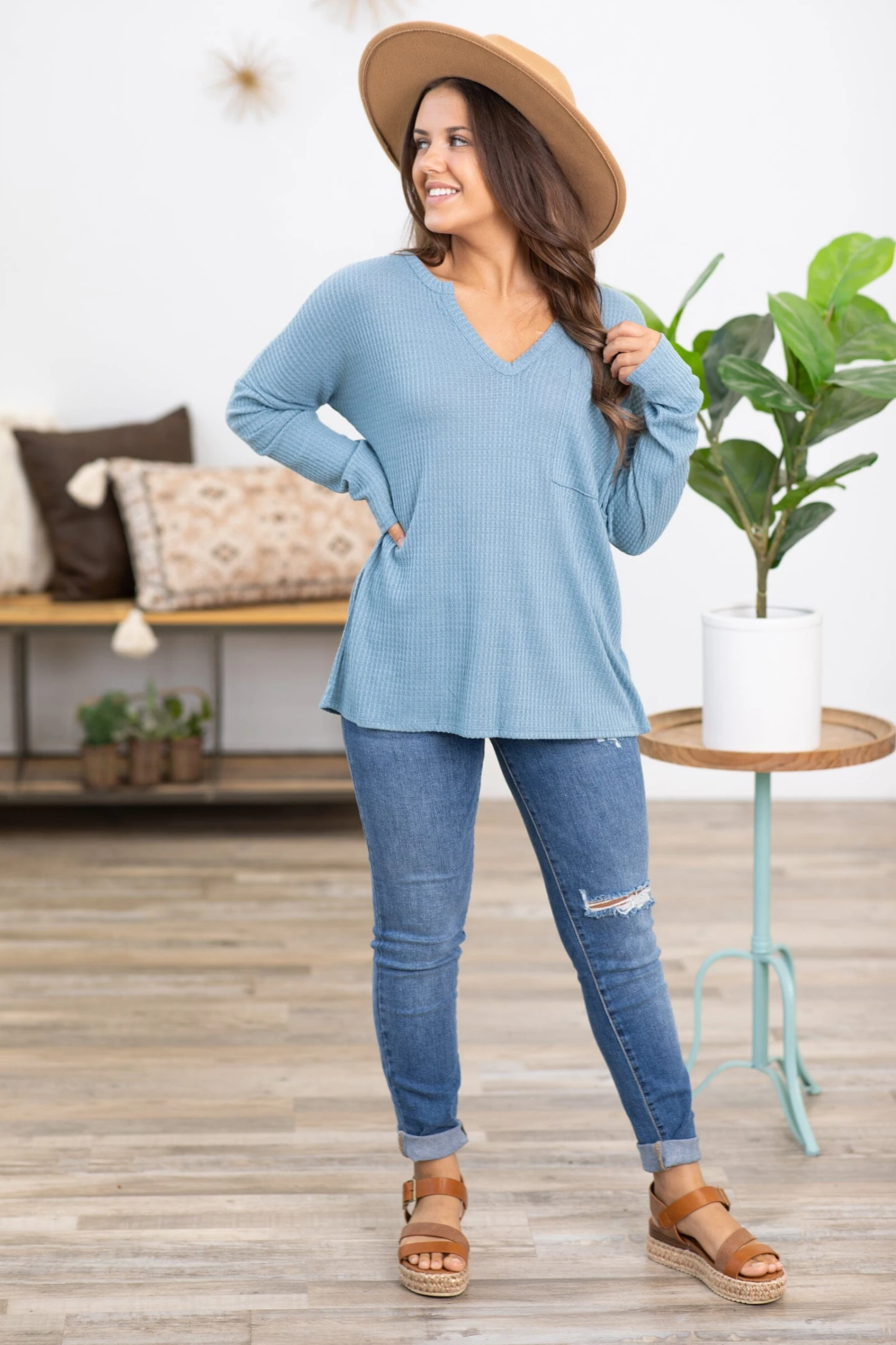 Slate Blue Waffle Knit Pocket Detail Top 5 Slate Blue Waffle Knit Pocket Detail Top - Image 3