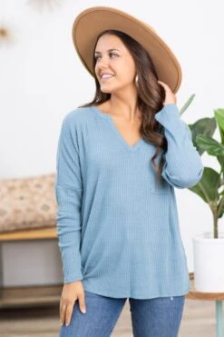 Slate Blue Waffle Knit Pocket Detail Top