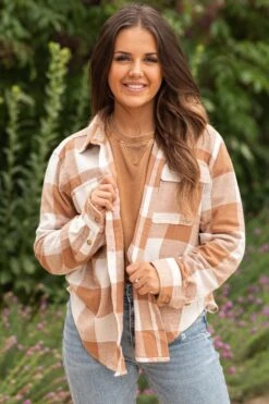 Dark Camel And Off White Plaid Button Up Top