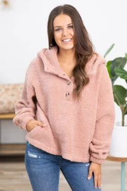 Dusty Rose Sherpa Hooded Pullover
