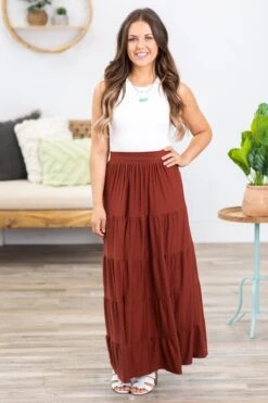 Rust Tiered Pull On Maxi Skirt
